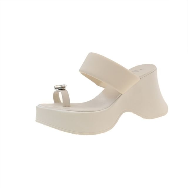 Heel Wedge Platform Slide Sandals Toe Loop Rhinestone