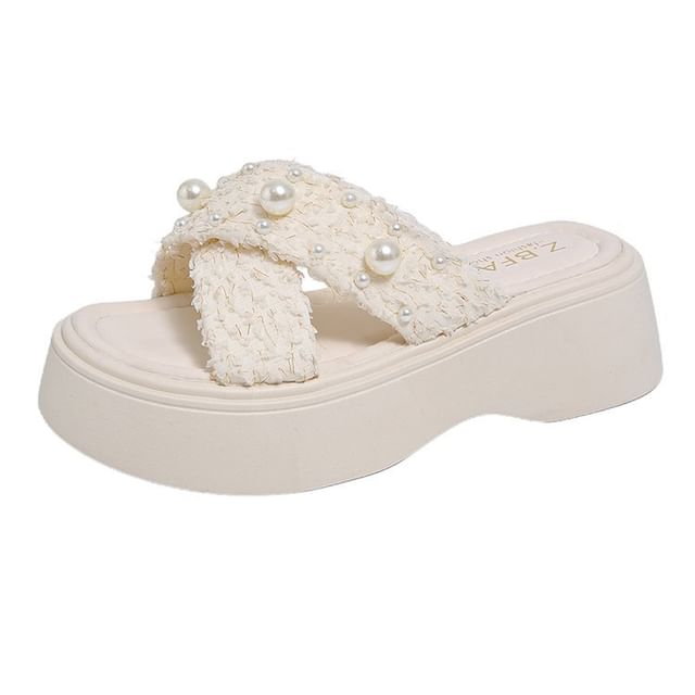 Platform Cross Faux Criss Pearl Sandals Slide