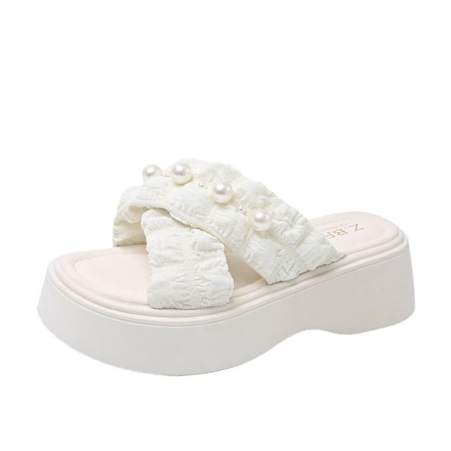 Platform Pearl Sandals Cross Slide Criss Faux