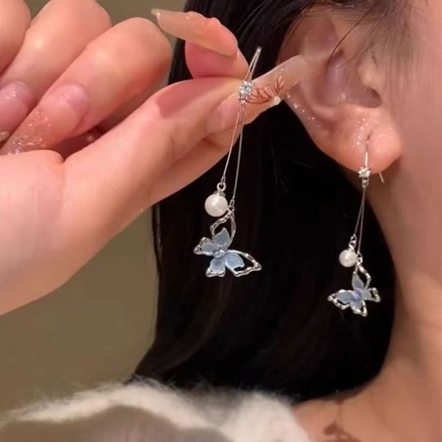 Dangle Faux Pearl Butterfly Earring Alloy