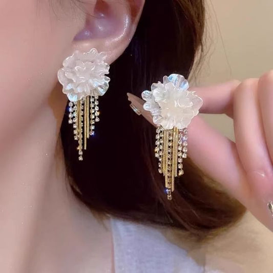 Floral Earring Rhinestone Fringed Alloy