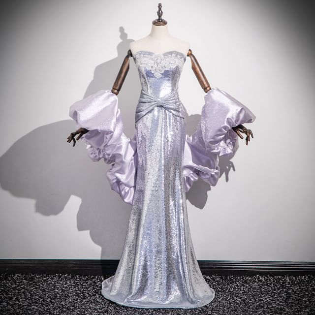 Glitter Mermaid Lace Evening Gown Strapless Trim