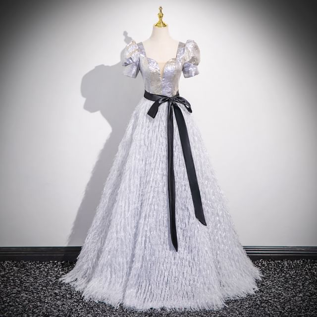 Gown A-Line Neck Glitter Square Short-Sleeve Fringe Evening