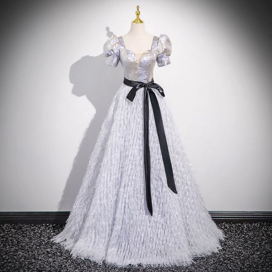 Gown A-Line Neck Glitter Square Short-Sleeve Fringe Evening