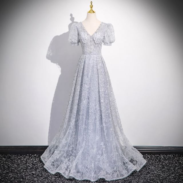 Short-Sleeve Evening Plain V-Neck Gown Lace Sheath