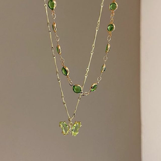 Necklace Rhinestone Station Butterfly Layered