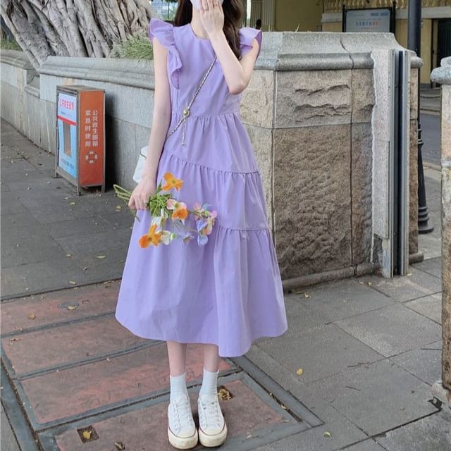 Dress Neck Ruffle Tiered A-Line Plain Round Trim Cap-Sleeve Midi