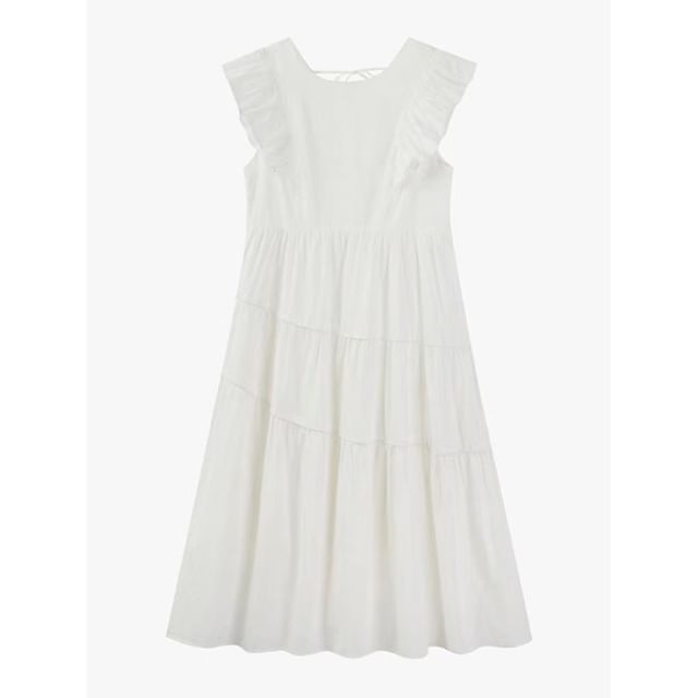 Dress Neck Ruffle Tiered A-Line Plain Round Trim Cap-Sleeve Midi