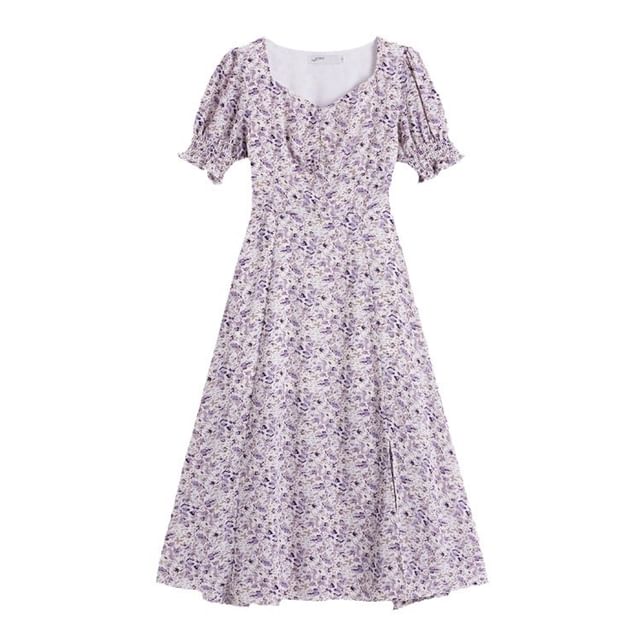 Slit Puff-Sleeve Midi Dress Floral A-Line