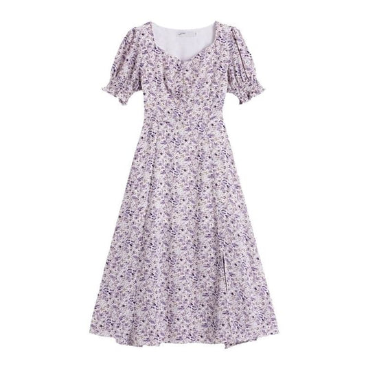 Slit Puff-Sleeve Midi Dress Floral A-Line