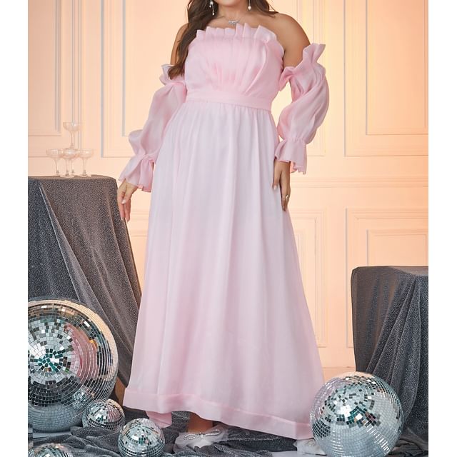Gown Evening Plus A-Line Plain Puff-Sleeve Off-Shoulder Size