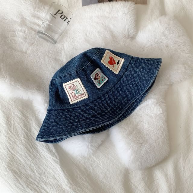 Washed Denim Bucket Applique Hat