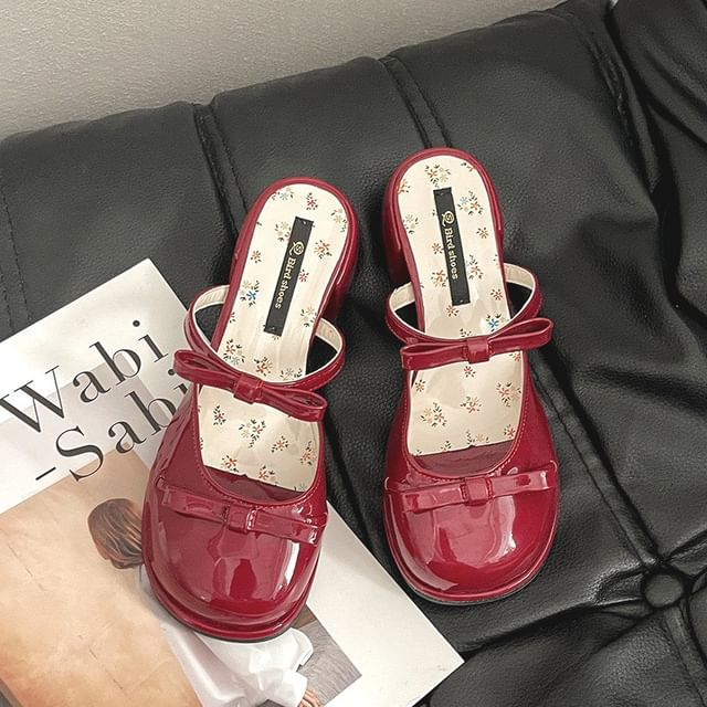 Heel Patent Block Bow Jane Mary Mules Leather