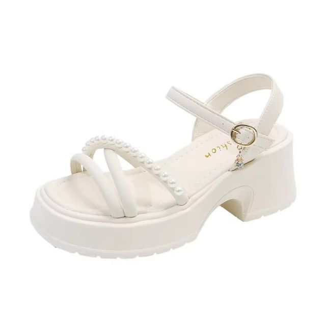 Platform Block Pearl Sandals Faux Heel