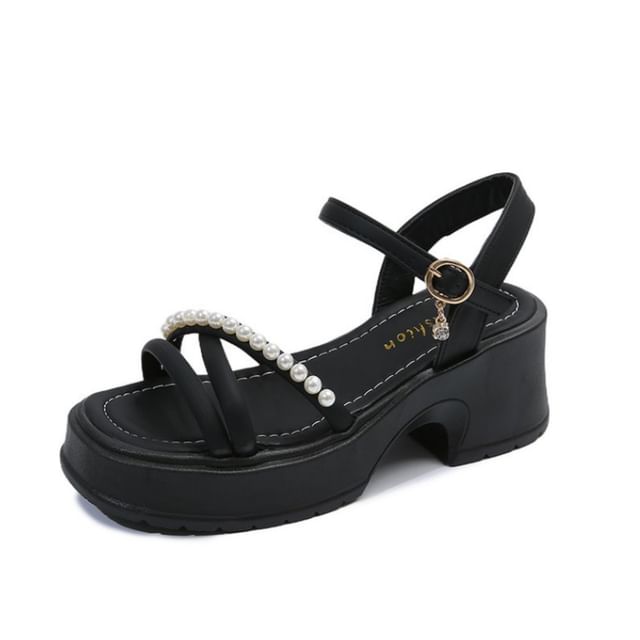 Platform Block Pearl Sandals Faux Heel