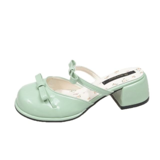 Heel Patent Block Bow Jane Mary Mules Leather