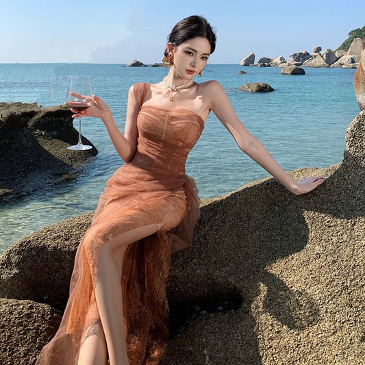 Ruched Sheath Panel Sleeveless Evening One Mesh Slit Gown Plain Lace Shoulder