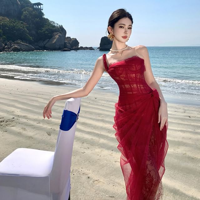 Ruched Sheath Panel Sleeveless Evening One Mesh Slit Gown Plain Lace Shoulder