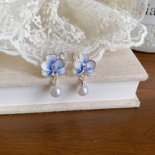 / Clip Drop Faux Pearl On Earring Flower