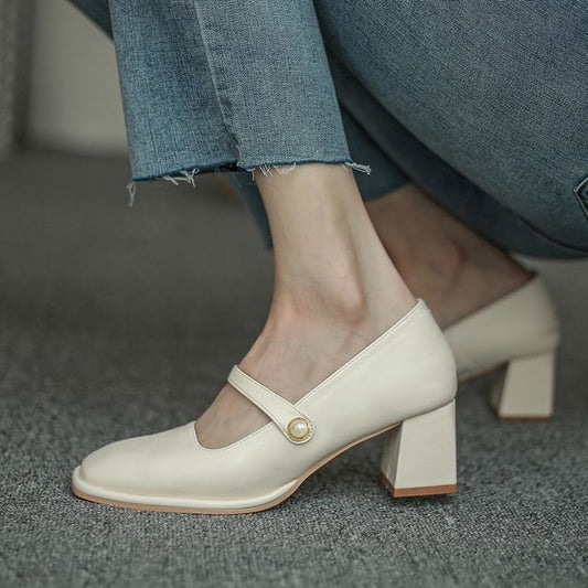 Toe Jane Faux Pearl Square Chunky Mary Pumps Heel