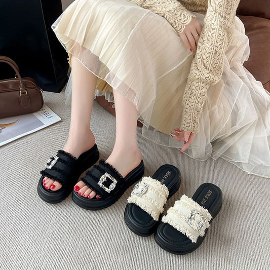 Buckled Rhinestone Slide Fringed Sandals Platform Trim