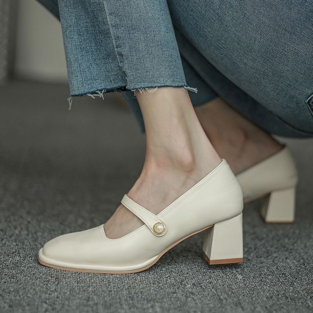 Toe Jane Faux Pearl Square Chunky Mary Pumps Heel