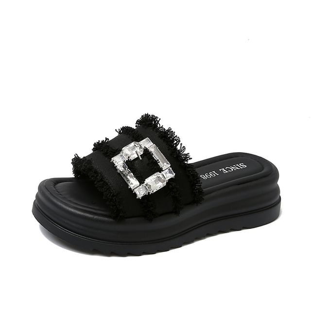 Buckled Rhinestone Slide Fringed Sandals Platform Trim