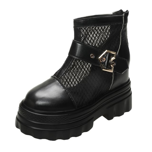 Short Buckled Boots Panel Heel Chunky Mesh Platform