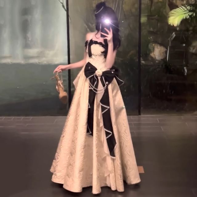 / Skirt Faux Spaghetti Ruffle Evening Strap Set Gown Trim Petticoat A-Line Pearl Bow