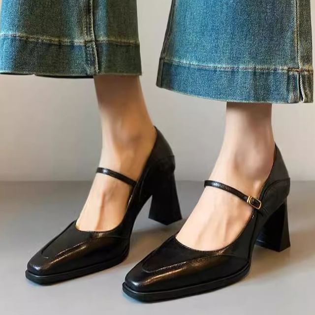 Mary Shoes Heel Faux Jane Leather Chunky