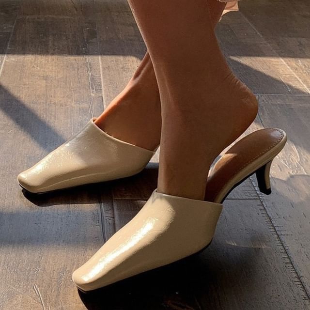 Kitten Faux Heel Mules Toe Leather Square