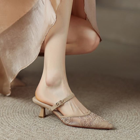 Heel Toe Kitten Mesh Pointed Floral Mules