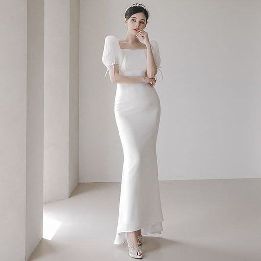 Square-Neck Wedding Mermaid Puff-Sleeve Gown