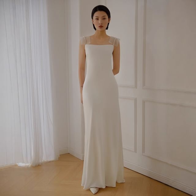 Strap Mesh Faux Pearl Mermaid Wedding Gown