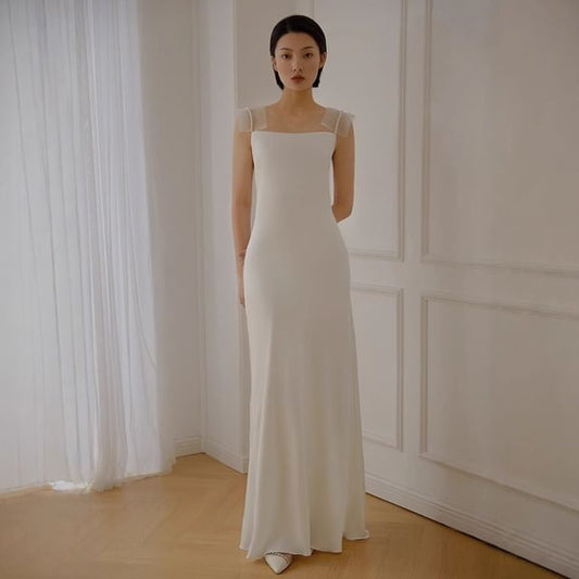 Strap Mesh Faux Pearl Mermaid Wedding Gown