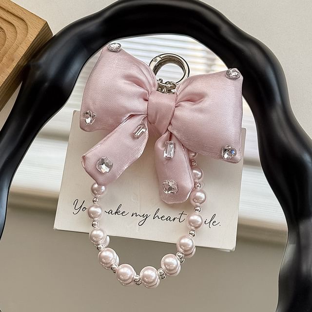 Pad Bow with Pearl Rhinestone Charm Faux Phone Lanyard
