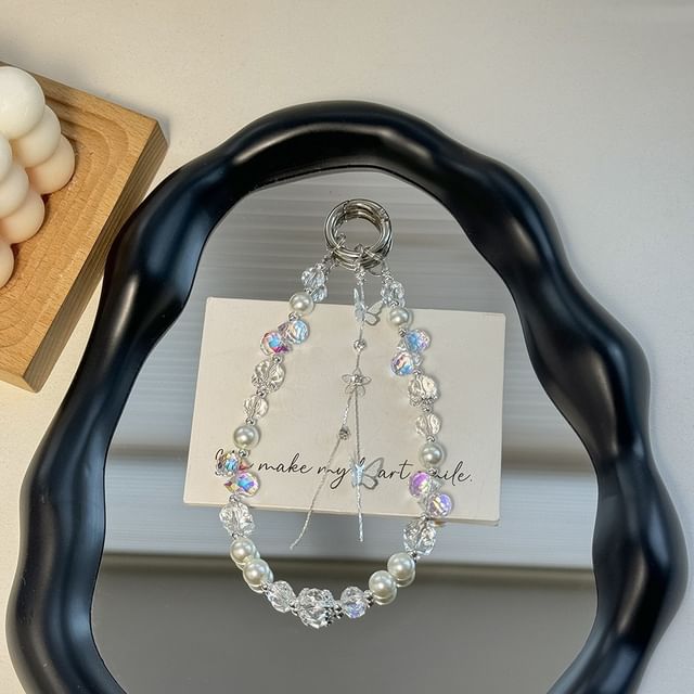 Pad Lanyard Phone Faux Butterfly with Pearl Strap Wrist