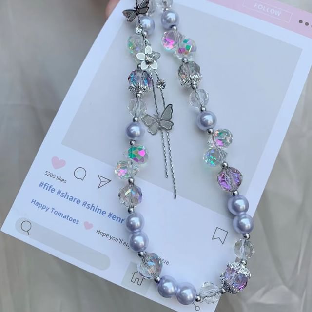 Pad Lanyard Phone Faux Butterfly with Pearl Strap Wrist