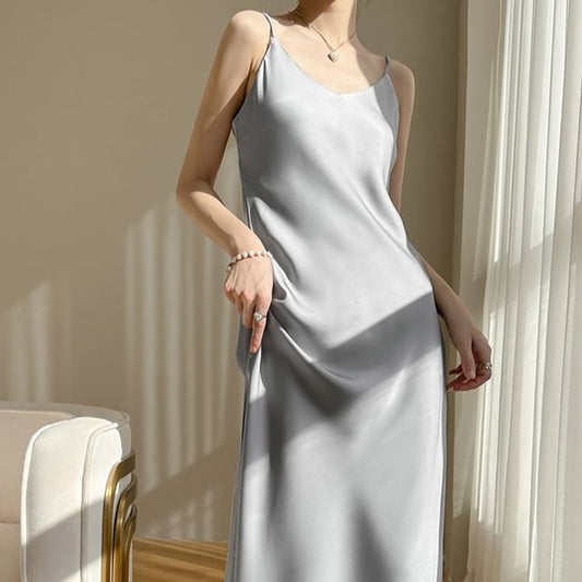 Plain Satin A-Line Strap Dress Midi V-Neck Spaghetti