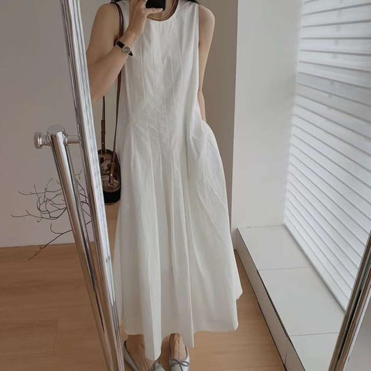 Plain Midi Dress Neck Crew Sleeveless Pleated A-Line