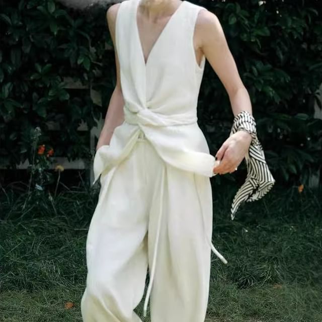 Pants Tank / Wide High Knot Leg Rise Top Plain V-Neck Slit