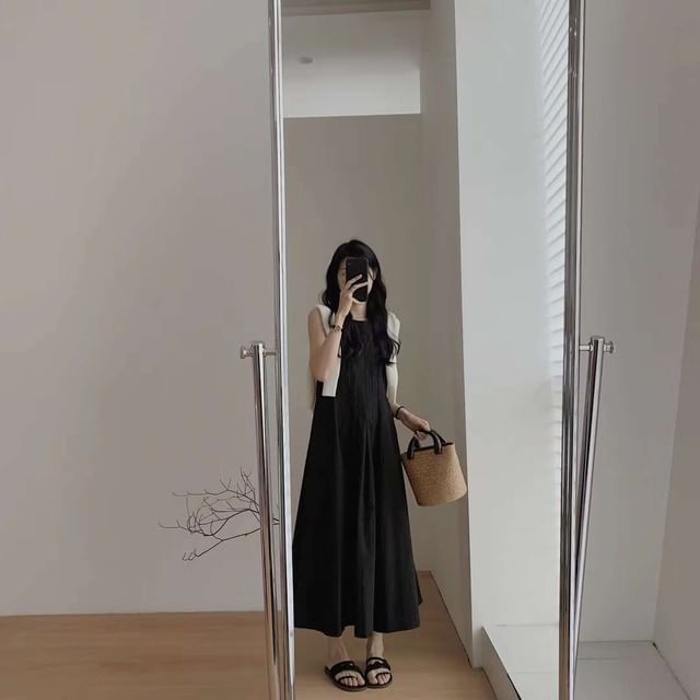 A-Line Dress Midi Plain Sleeveless Neck Pleated Crew