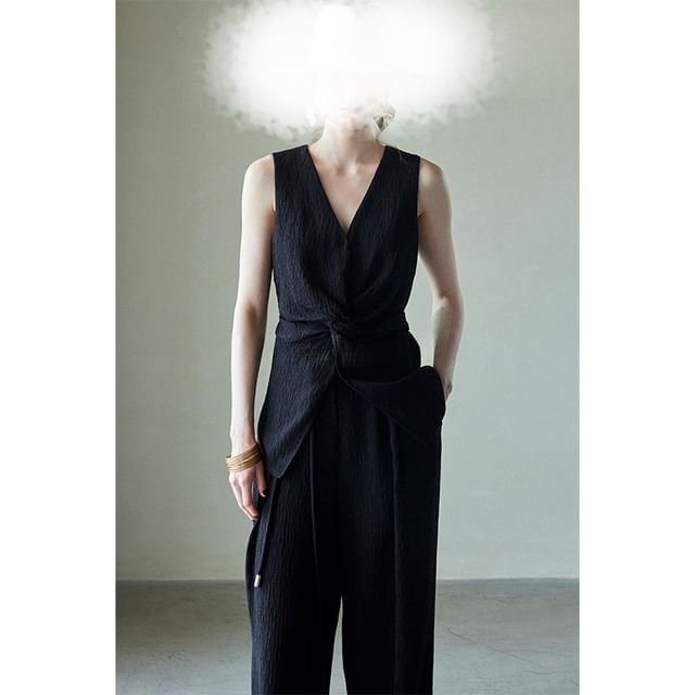 Pants Tank / Wide High Knot Leg Rise Top Plain V-Neck Slit