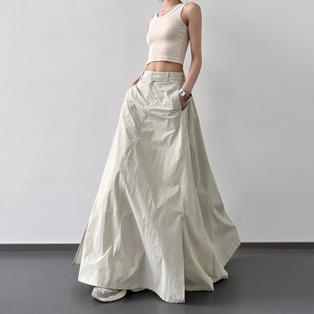 Rise Plain Maxi Skirt Slit A-Line High