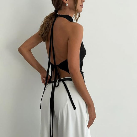 Fit Halter Neck Crop Slim Plain Back Asymmetrical Mock Open Top