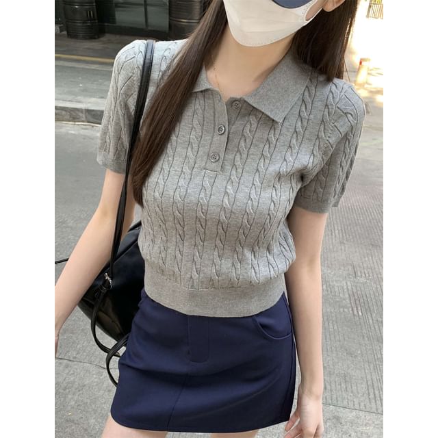 Short-Sleeve Polo Knit Plain Cable Shirt Crop