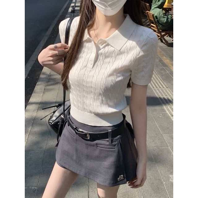 Short-Sleeve Cable Knit Shirt Polo Crop Plain