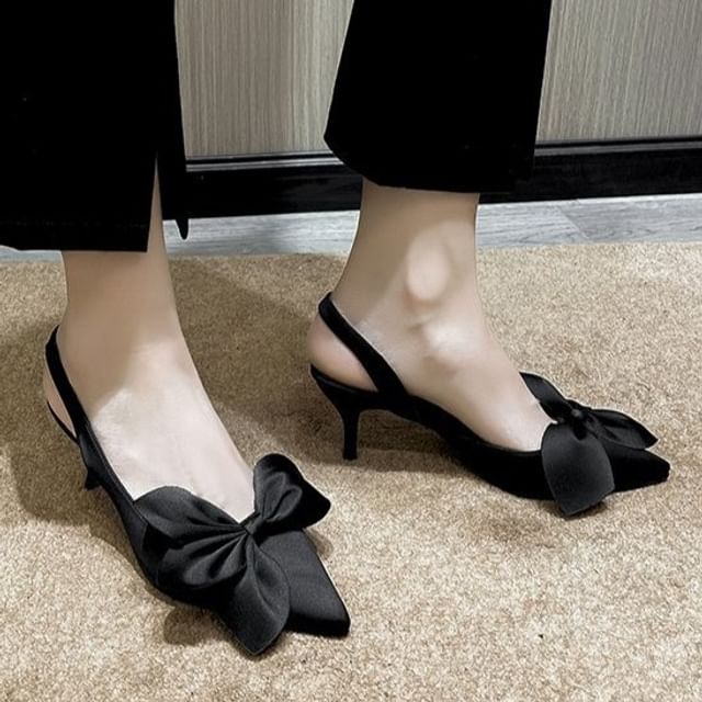 Slingback Bow Pointed Toe Pumps Satin