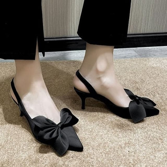Slingback Bow Pointed Toe Pumps Satin