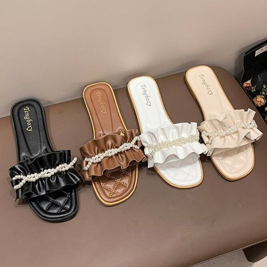 Slide Sandals Ruffle Pearl Faux